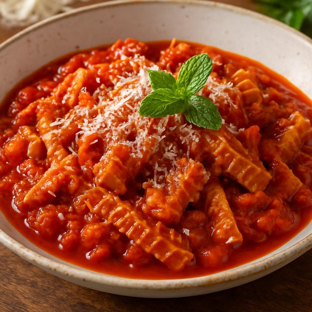 Entree: Italy – Lazio / Rome – Trippa alla Romana (Braised Roman-style tripe cooked in a tomato sauce finished with Pecorino and fresh mint) recipe