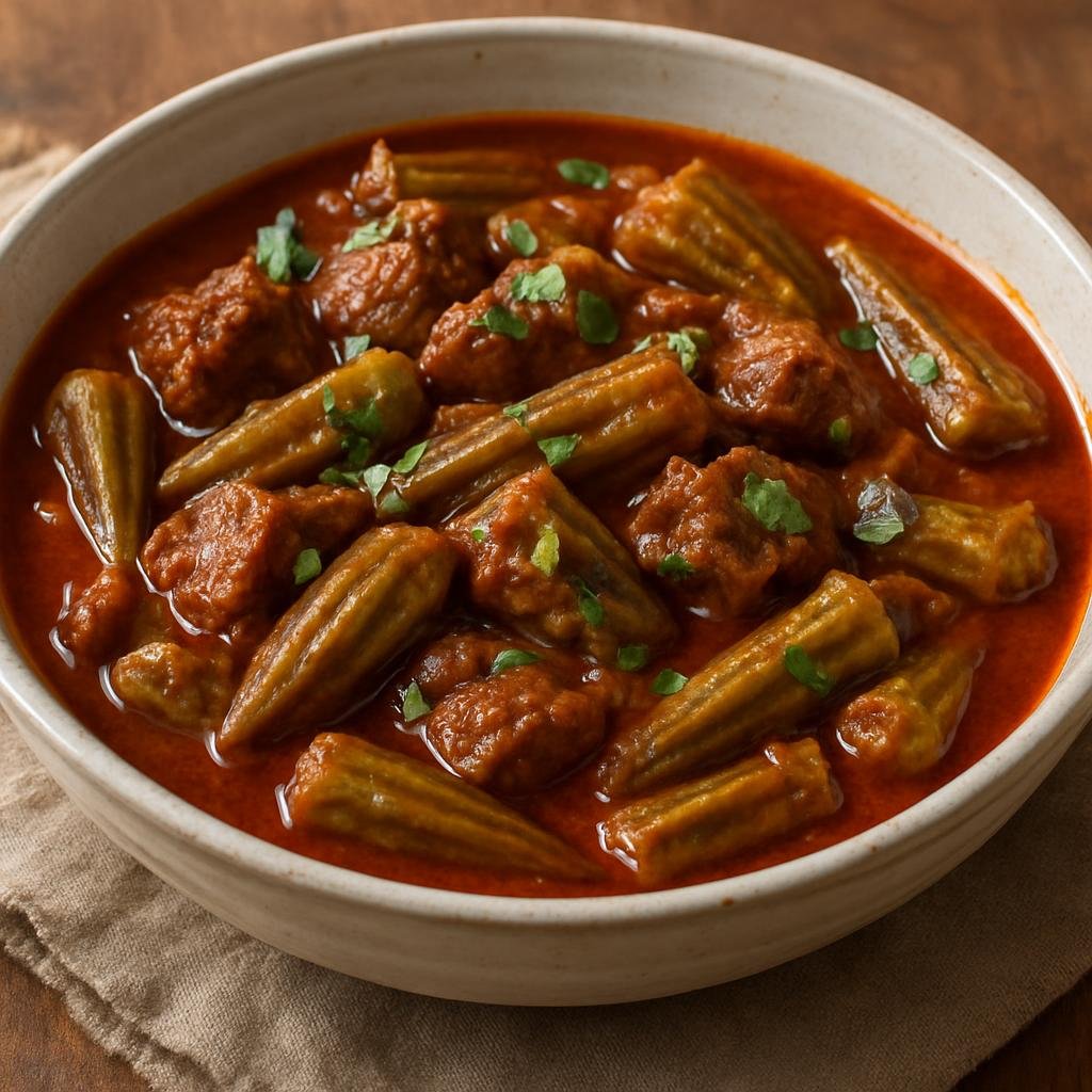Entree: Iran – Persian Gulf Coast – خورشت بامیه ➤ Khoresht-e Bāmieh (Okra and lamb stew braised in a tangy tomato-tamarind broth) recipe