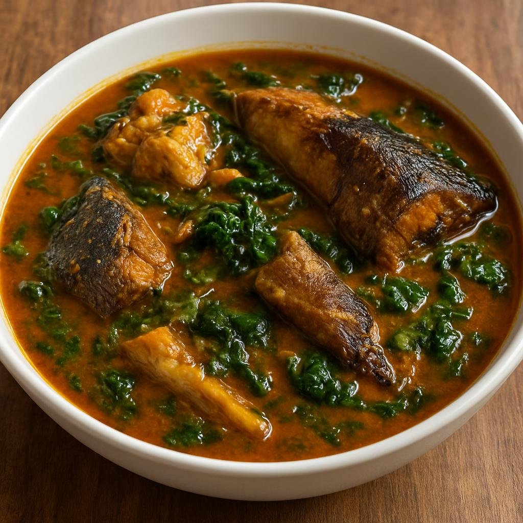 Entree: Nigeria – Niger Delta – Owho Soup (Hearty Niger Delta palm-oil soup with smoked fish, stockfish, and leafy greens) recipe