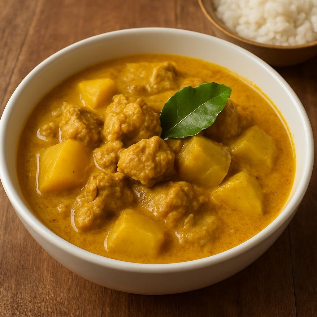 Entree: Thailand – Thai Muslim Cuisine – แกงกะหรี่ ➤ Kaeng kari (Thai Muslim-style yellow curry made with aromatic spices, coconut milk, meat, and potatoes) recipe
