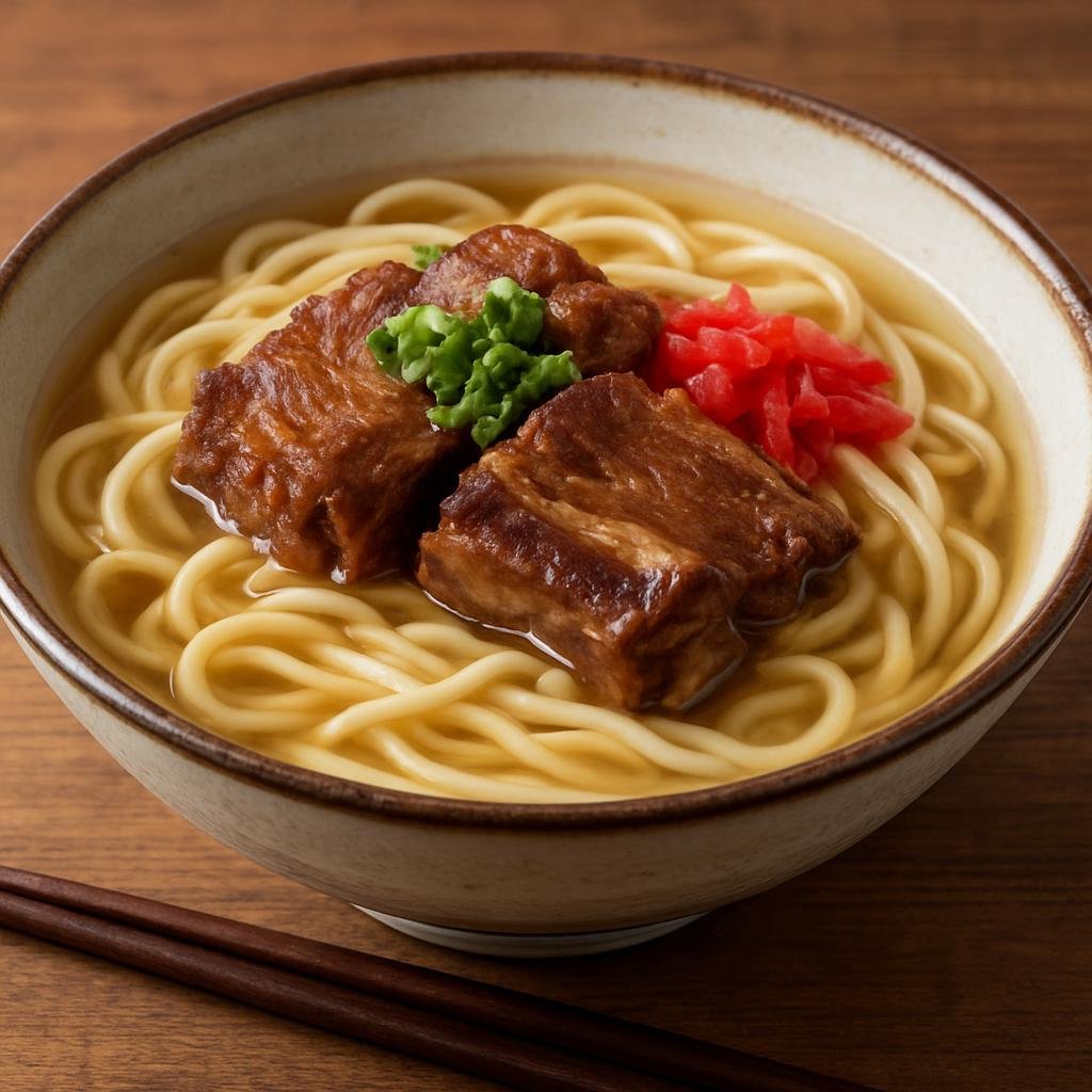 Entree: Japan – Okinawa – ソーキそば ➤ Soki Soba (Okinawan wheat noodles served in clear broth topped with tender braised pork spare ribs) recipe