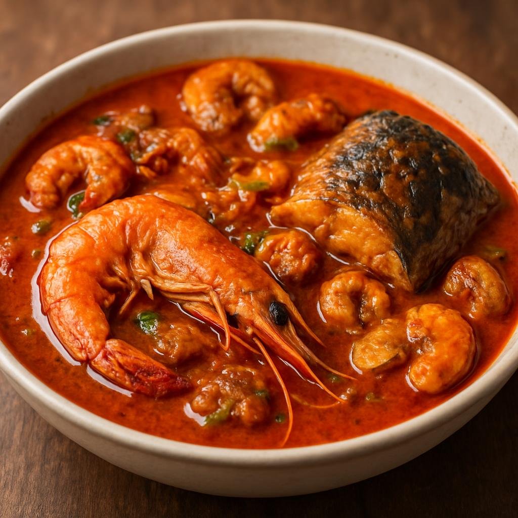 Entree: Nigeria – Niger Delta – Ewedor (Rich Niger Delta palm-fruit and seafood stew) recipe