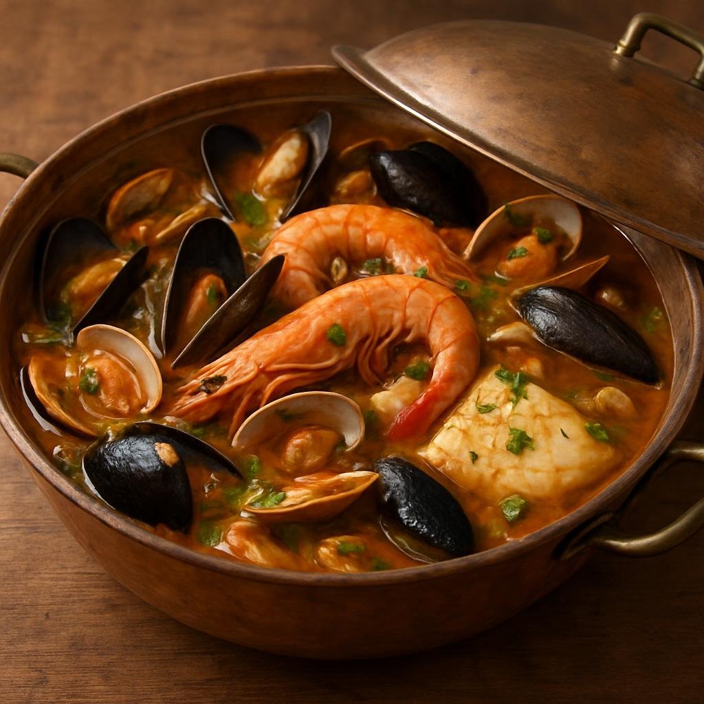 Entree: Portugal – Portuguese Seafood Coast – Cataplana de Marisco (Portuguese seafood stew cooked in a hinged cataplana pan with mixed shellfish, fish and aromatic broth) recipe