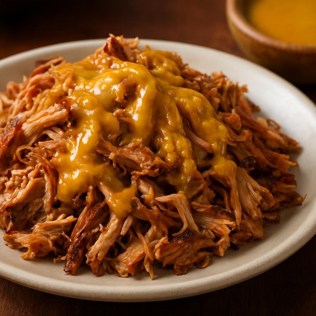 Entree: United States – Carolinas Lowcountry – Carolina Pulled Pork (Slow-smoked, hand-pulled pork shoulder dressed with a South Carolina mustard-vinegar barbecue sauce) recipe