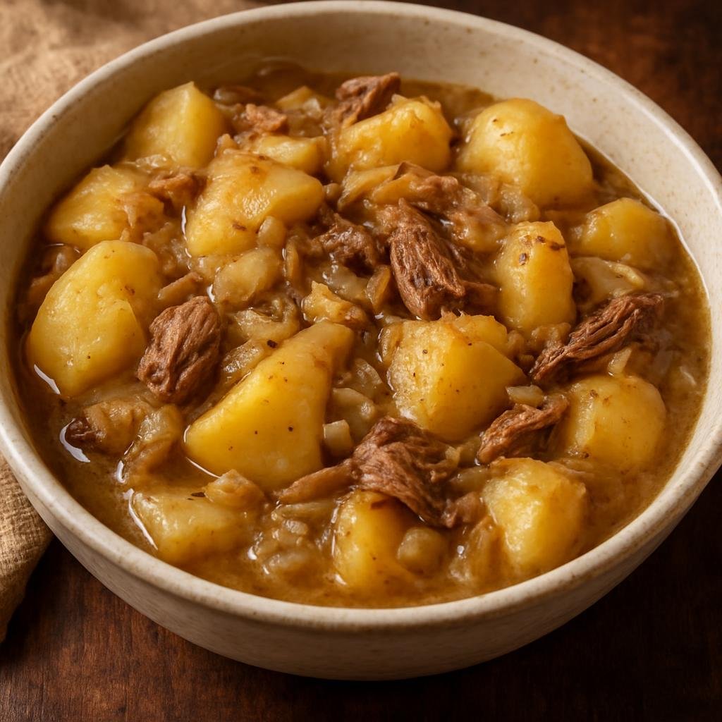 Entree: United Kingdom – Scotland Highlands – Stovies (Hearty slow-cooked Scottish stew of potatoes and onions often combined with leftover roast meat) recipe