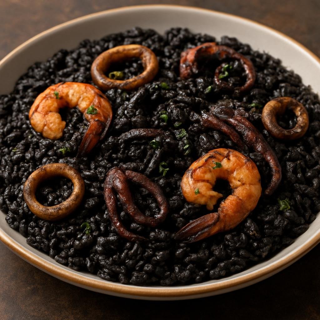 Entree: Spain – Catalonia – Arròs Negre (Catalan black rice cooked with squid ink and seafood, resulting in a savory, ink-dark paella-style dish) recipe