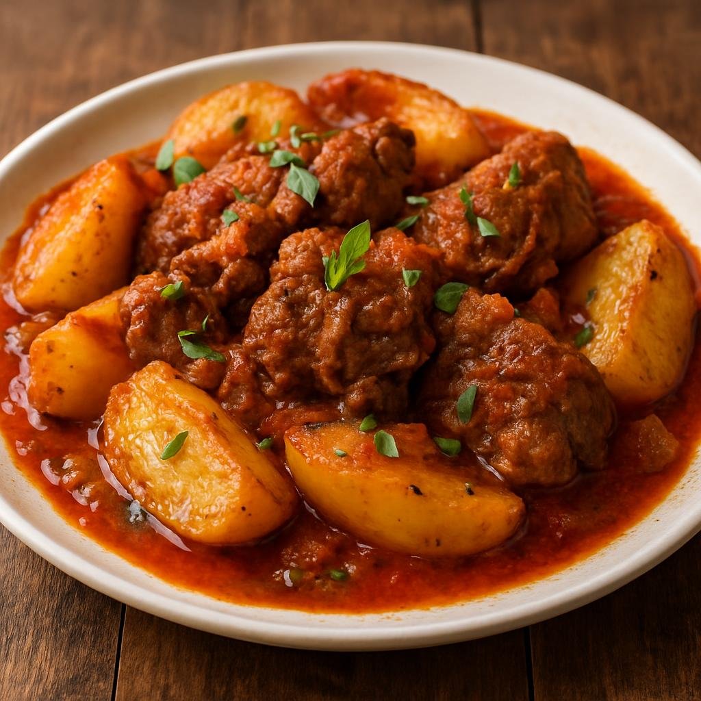 Entree: Greece – Peloponnese – Αρνί με πατάτες ➤ Arní me Patátes (Oven-braised lamb and potatoes in a lemon-oregano tomato sauce) recipe