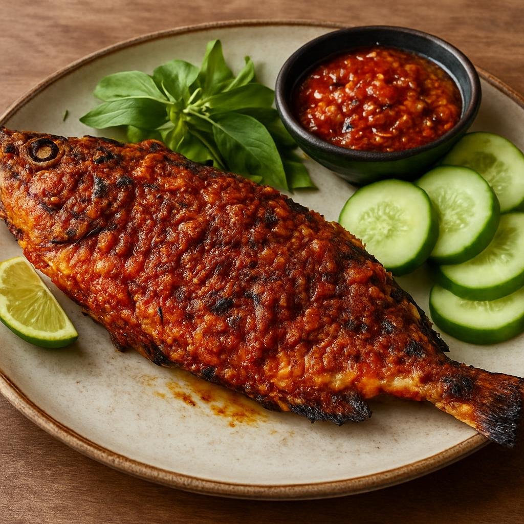 Entree: Indonesia – Flores & Timor – Ikan Bakar Manado (Manado-style grilled whole fish marinated in a fiery aromatic chili and herb paste) recipe