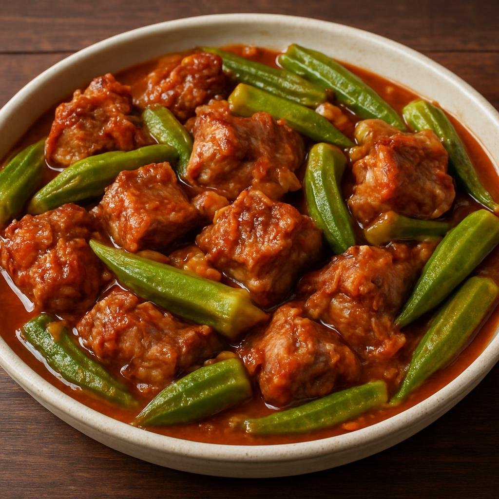 Entree: Brazil – Goias – Costelinha com Quiabo (Stewed pork ribs cooked with tender okra in a savory tomato-onion sauce) recipe