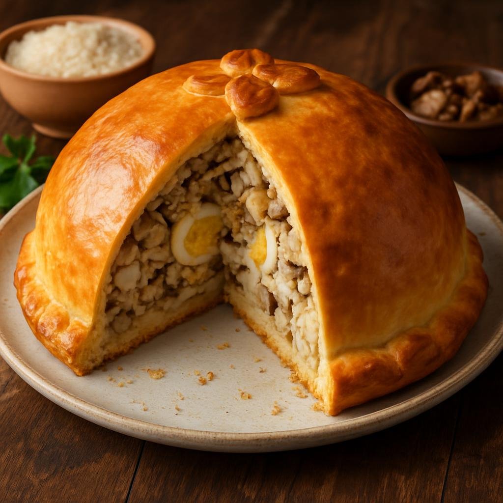 Entree: Russia – Kuban – Курник ➤ Kurnik (Traditional Russian dome-shaped savory pie filled with chicken, eggs, rice and mushrooms) recipe
