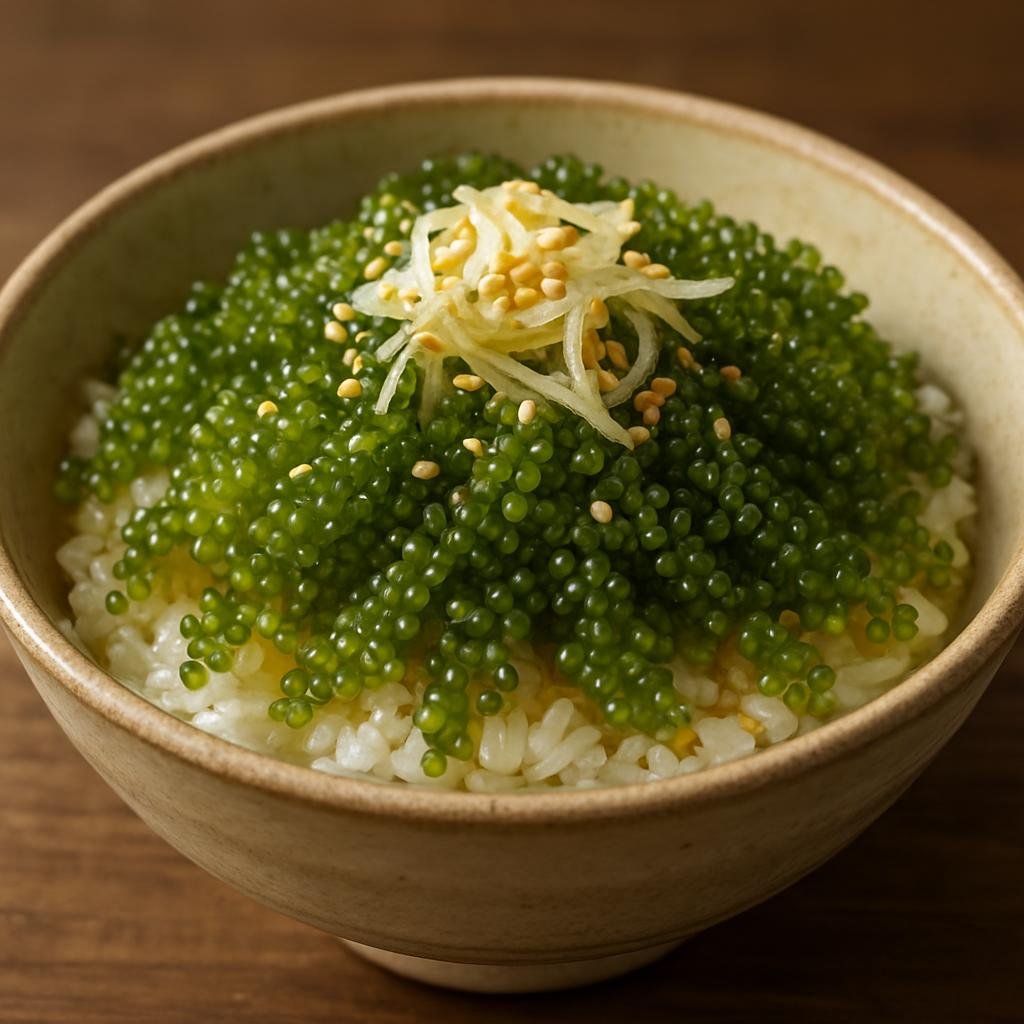 Entree: Japan – Okinawa – 海ぶどう ➤ umi budō (Rice bowl topped with Okinawan sea grapes served with a light soy-vinegar dressing) recipe