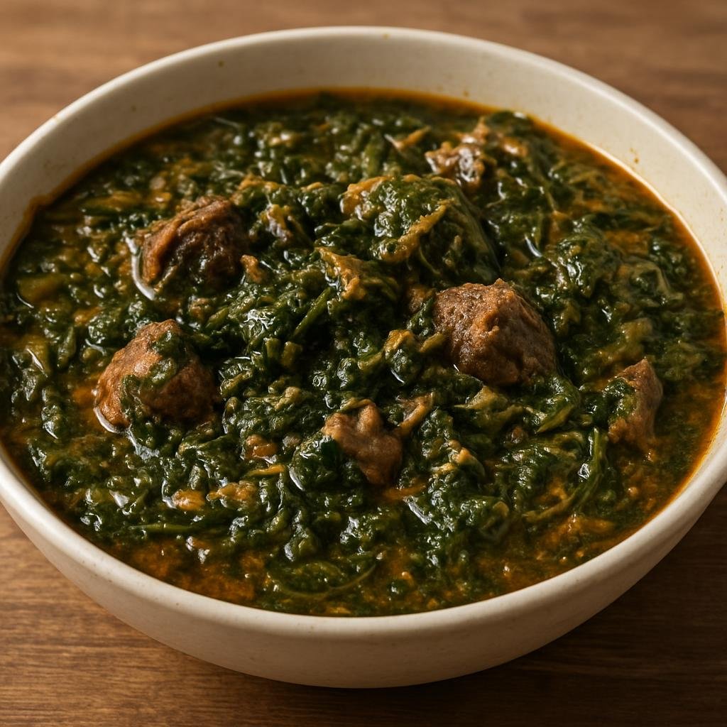 Entree: Nigeria – Niger Delta – Afang Soup (Hearty Nigerian leafy-vegetable and meat soup made with shredded afang leaves and waterleaf) recipe