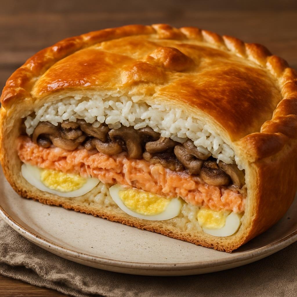 Entree: Russia – Kuban – Кулебяка ➤ Kulebyaka (Layered Russian filled pie of salmon, rice, mushrooms, and eggs enclosed in pastry) recipe