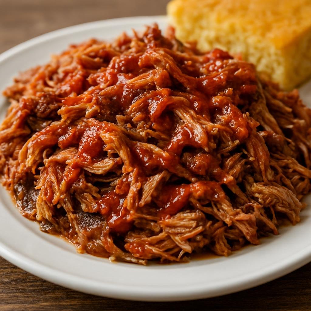 Entree: United States – Carolinas Piedmont – Carolina Pulled Pork BBQ (Slow-smoked shredded pork shoulder served with a tangy tomato-vinegar Piedmont-style barbecue sauce) recipe