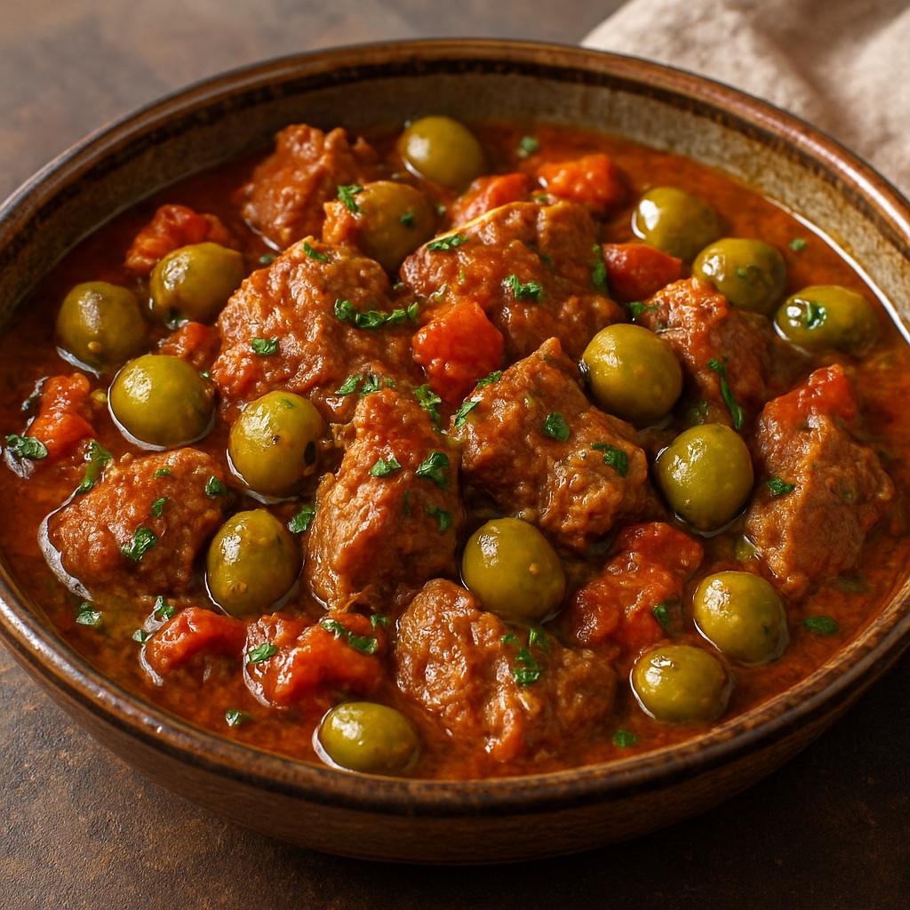 Entree: France – Corsica – Veau aux Olives (Braised veal with green olives, tomatoes, and Mediterranean herbs) recipe