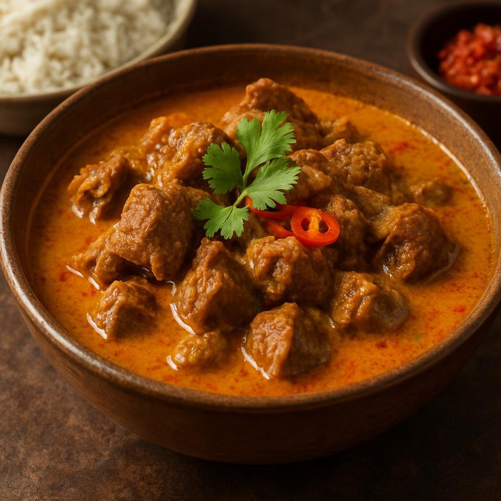 Entree: Indonesia – Indonesian Muslim Festival Cuisine – Gulai Kambing (Spiced Indonesian goat curry simmered in rich coconut milk) recipe