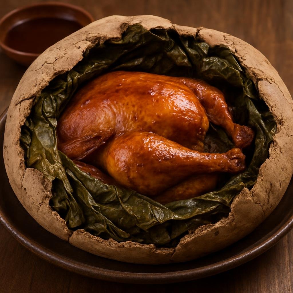Entree: China – Zhejiang – 叫化鸡 ➤ Jiàohuā jī (Whole chicken stuffed, wrapped in lotus leaf and clay, and slow-baked until tender and aromatic) recipe