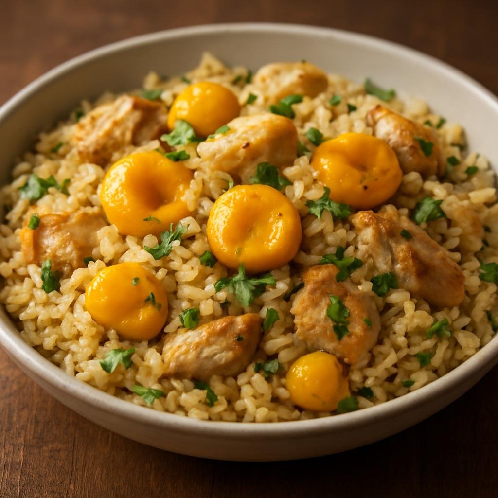Entree: Brazil – Mato Grosso – Arroz com Pequi (Rice cooked with pequi fruit and chicken, flavored with garlic and cilantro) recipe