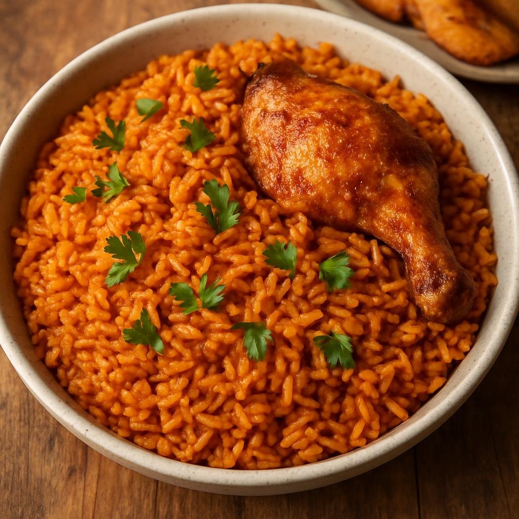 Entree: Nigeria – Nigerian Party Food – Jollof Rice (One-pot West African spiced tomato rice cooked with aromatics and often served with protein) recipe