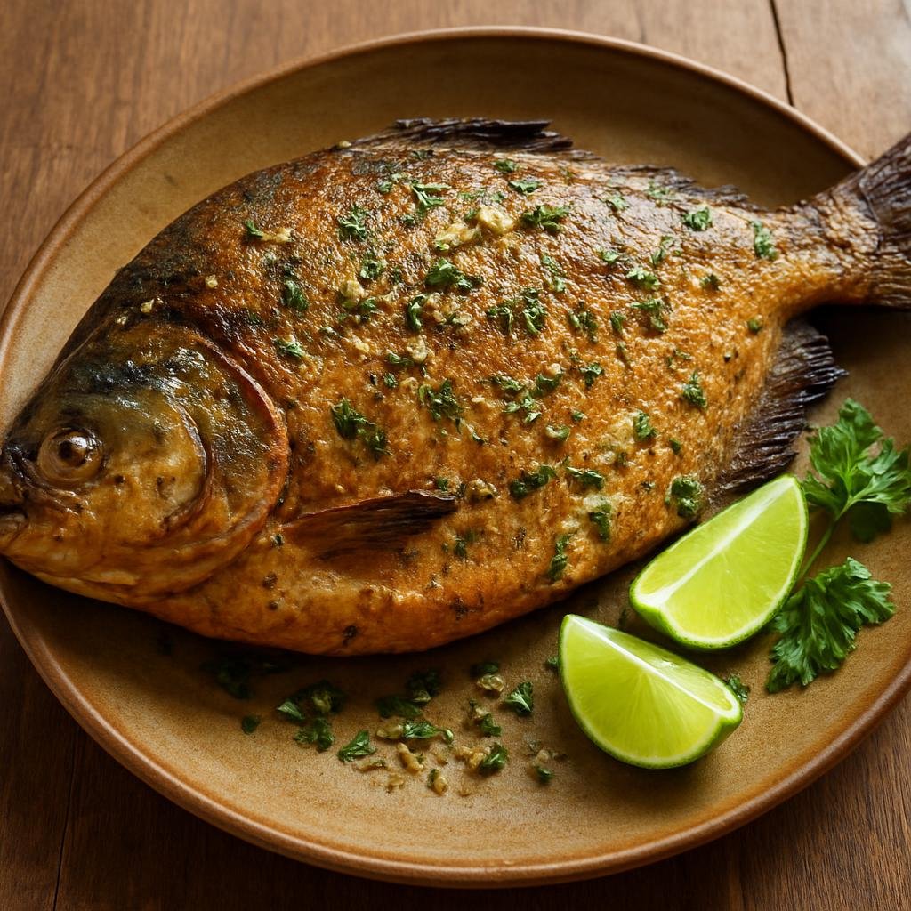 Entree: Brazil – Mato Grosso – Pacú Assado (Roasted whole pacu fish seasoned with garlic, lime, and regional herbs) recipe