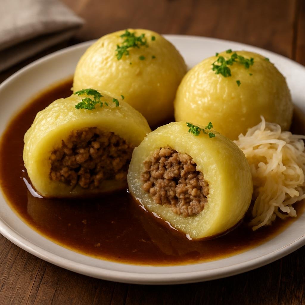 Entree: Germany – Saarland – Gefillde (Potato dumplings stuffed with seasoned minced meat, a traditional Saarland main course) recipe