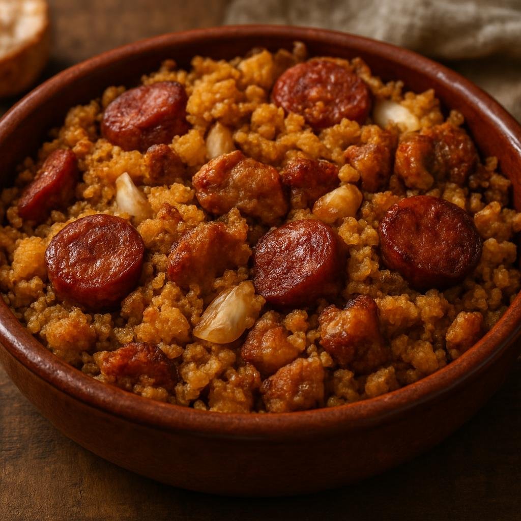 Entree: Spain – Extremadura – Migas Extremeñas (Rustic pan-fried breadcrumbs with garlic, paprika, and pork or chorizo, served as a hearty bread-based main) recipe