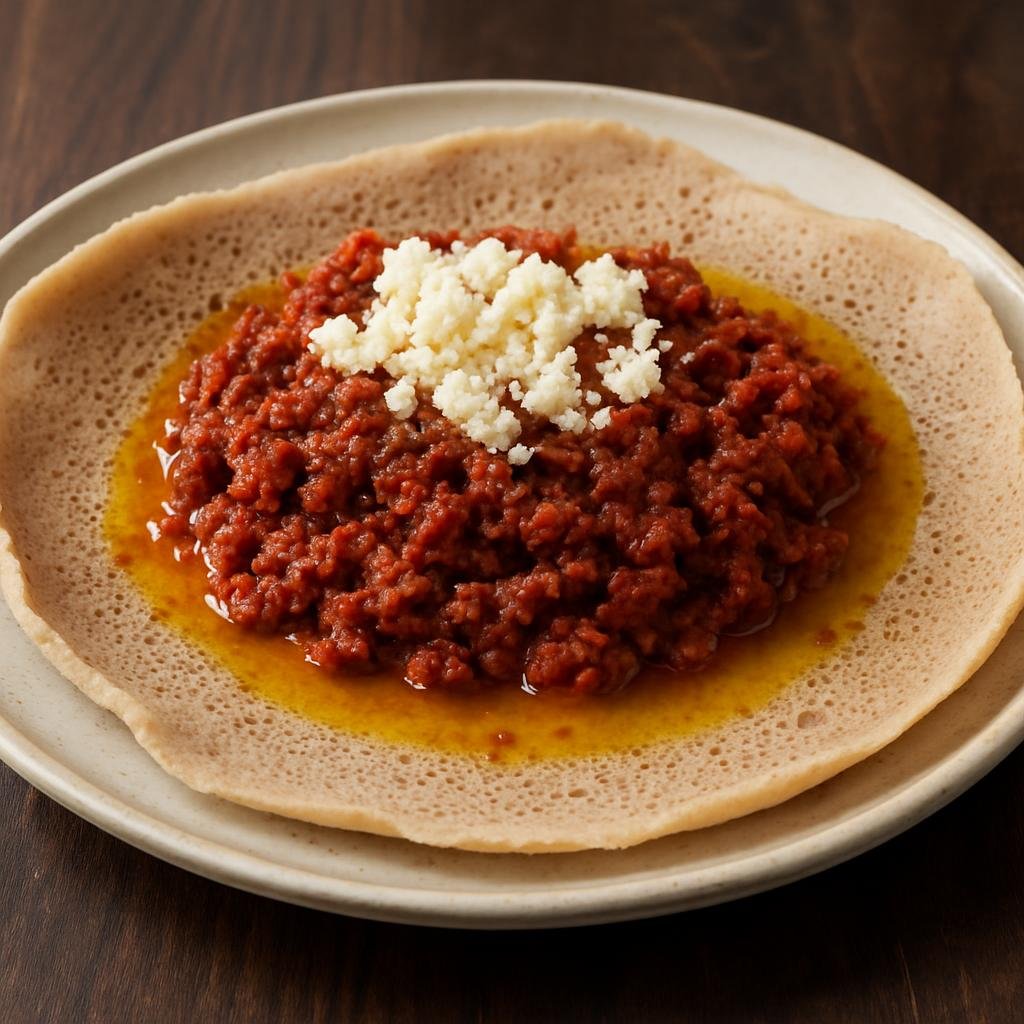 Entree: Ethiopia – Sidama – ክትፎ ➤ Kitfo (Ethiopian seasoned minced beef served warm in spiced clarified butter with cheese and injera) recipe