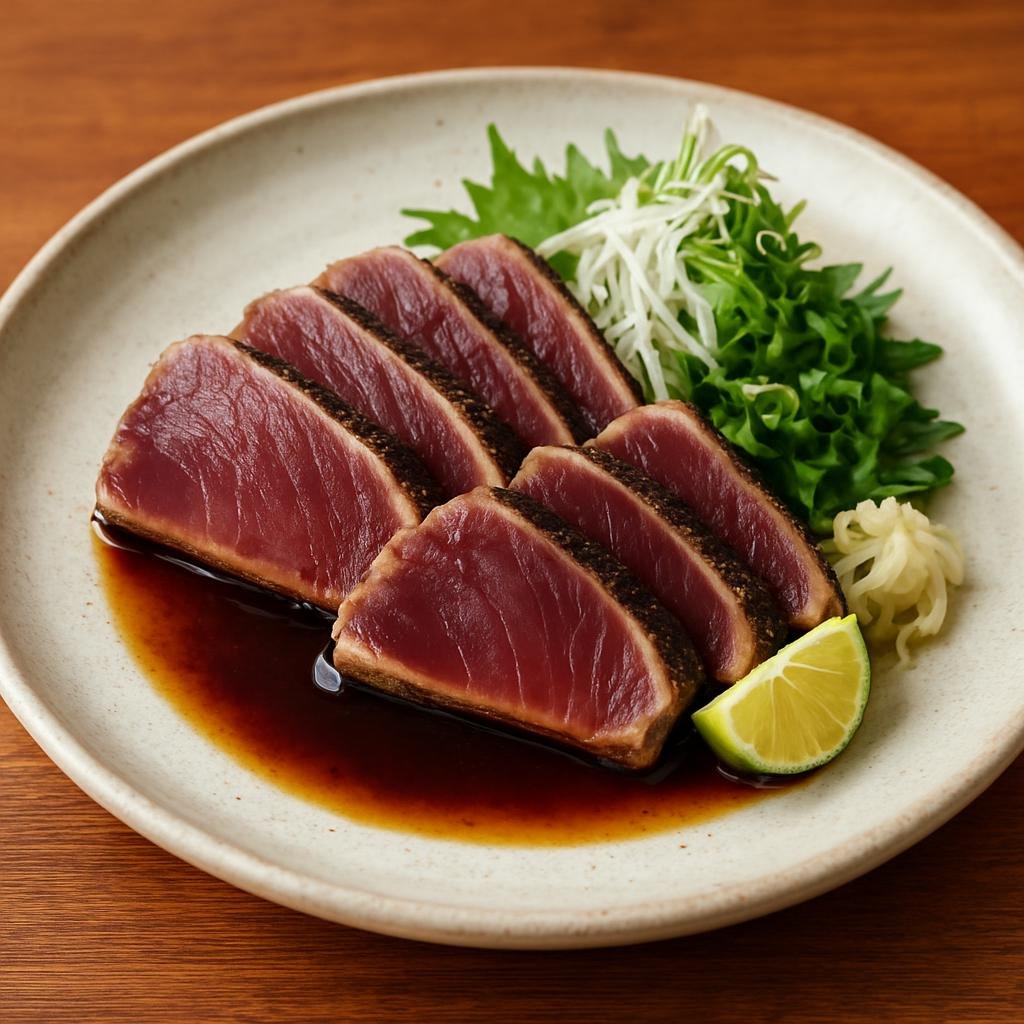Entree: Japan – Shikoku – 鰹のたたき ➤ Katsuo no Tataki (Lightly seared skipjack tuna served sliced with aromatics and citrus-soy sauce) recipe