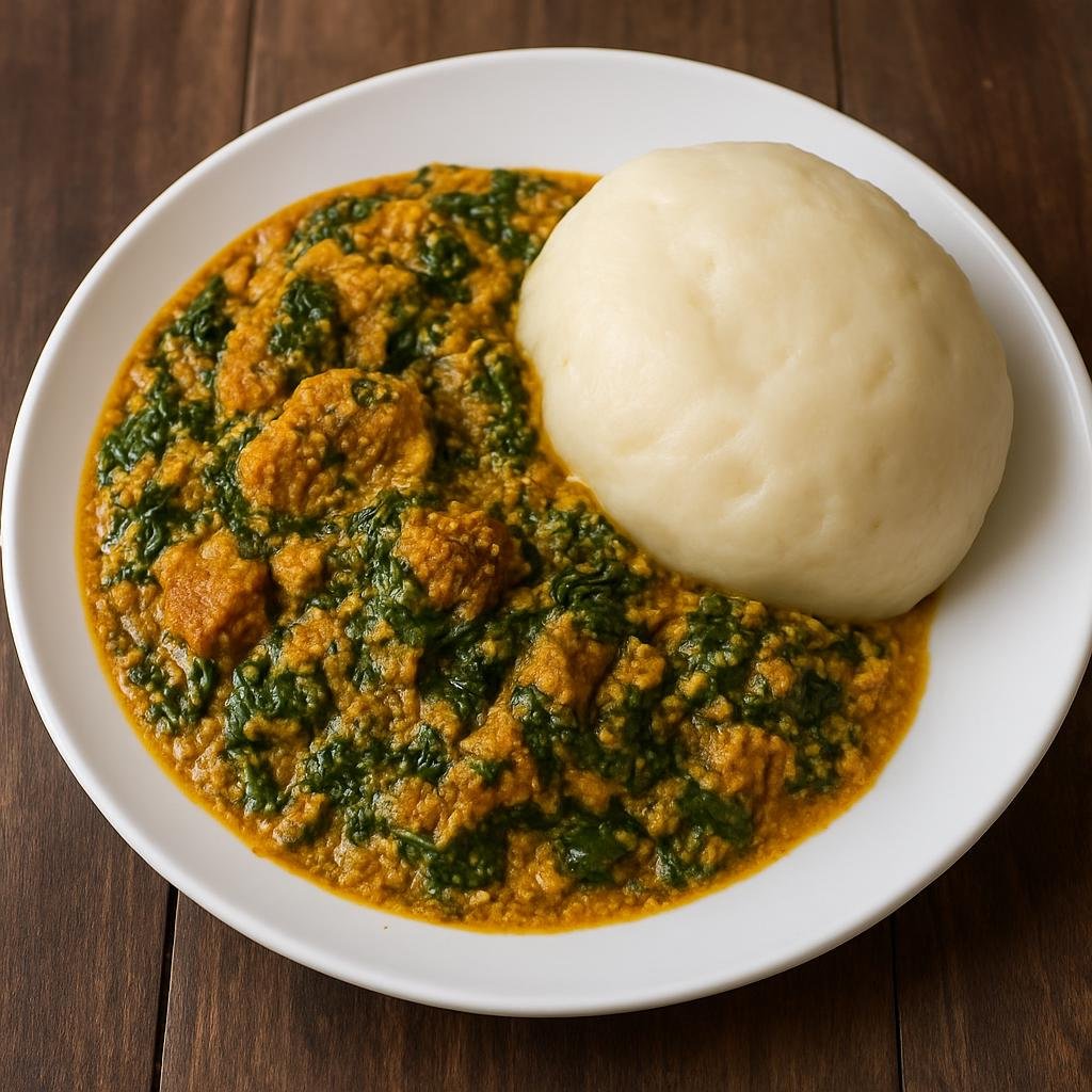 Entree: Nigeria – Nigerian Party Food – Egusi Soup with Pounded Yam (Thick melon-seed stew served with hand-pounded yam) recipe
