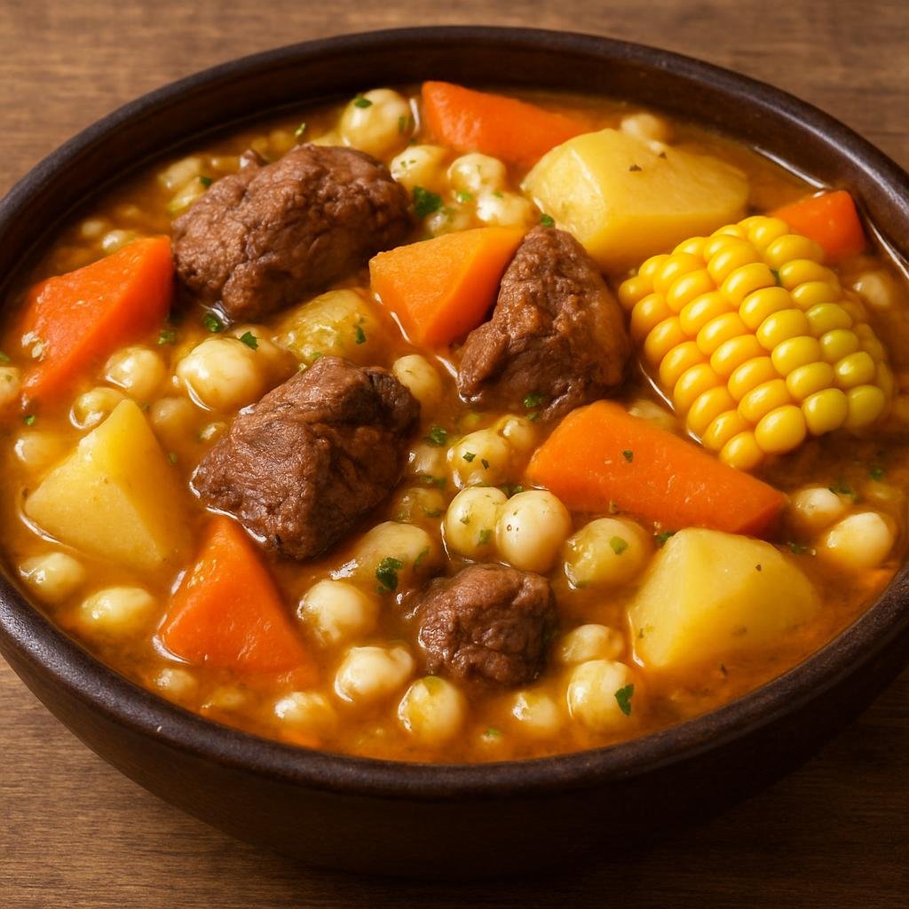 Entree: Colombia – Santander – Mute Santandereano (Hearty Santander-style meat and hominy stew with root vegetables and corn) recipe