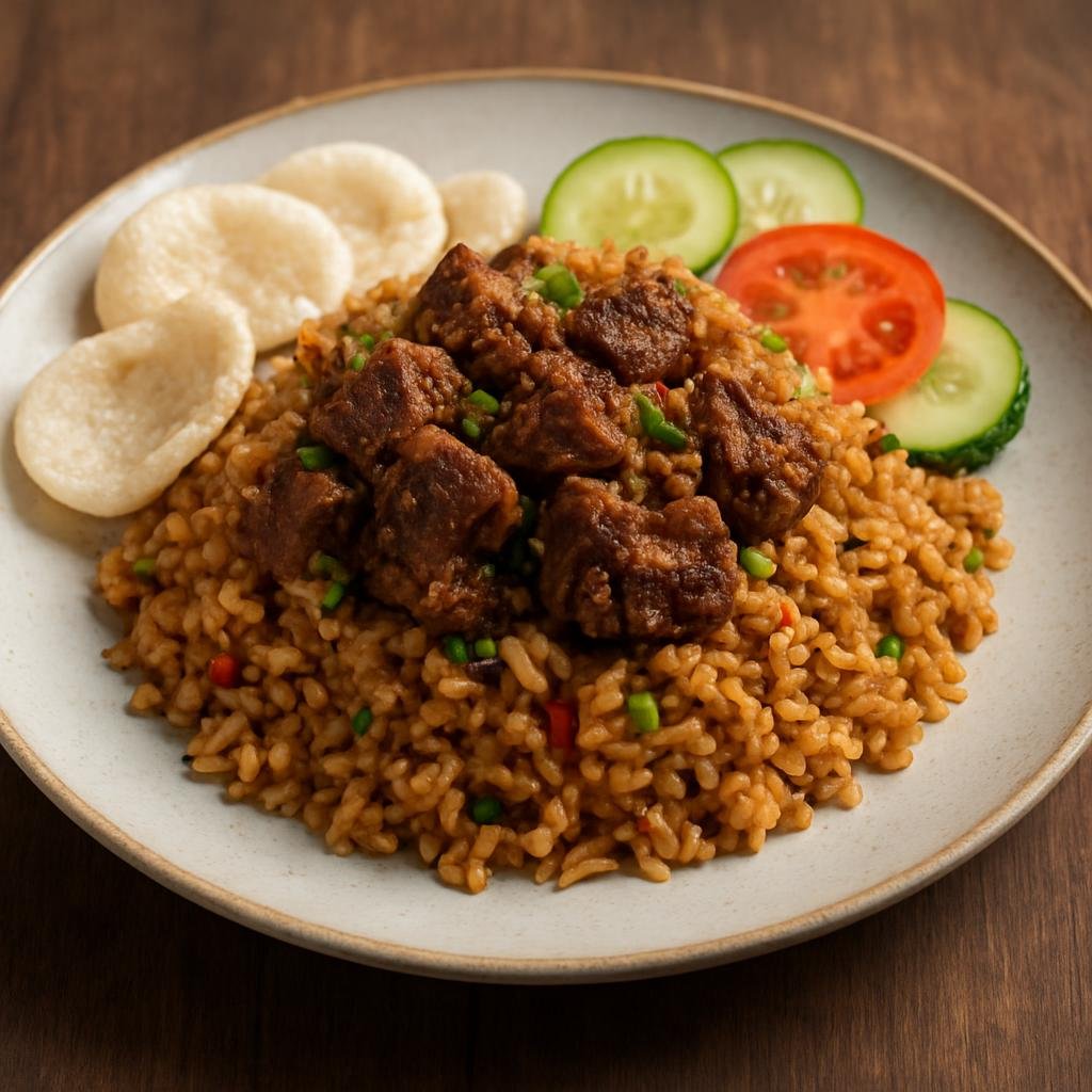 Entree: Indonesia – Indonesian Muslim Festival Cuisine – Nasi Goreng Kambing (Indonesian fried rice with spiced goat meat) recipe