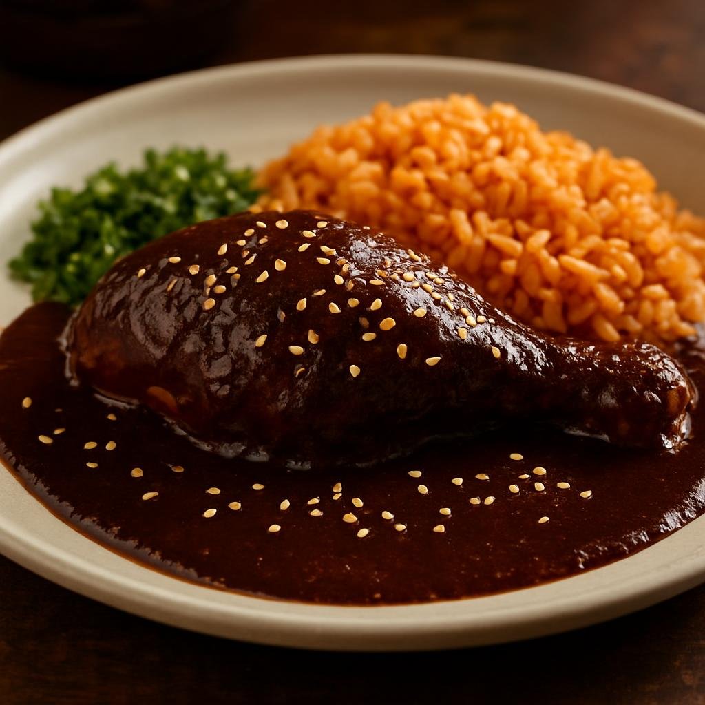 Entree: Mexico – Mexico City – Mole Poblano (Rich, complex sauce of dried chilies, nuts, seeds, spices and chocolate served over poultry) recipe