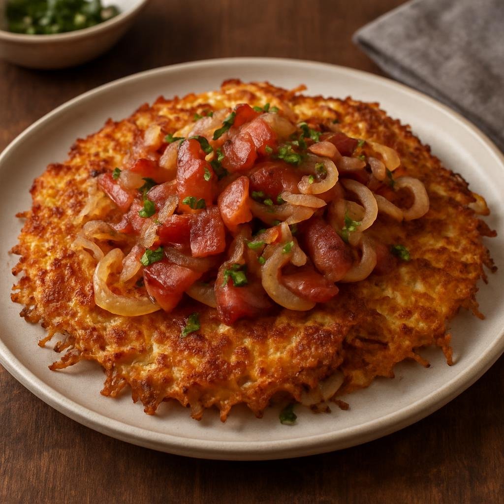 Entree: Germany – Saarland – Hoorische (Traditional Saarland-style grated potato pancakes pan-fried with smoked bacon and onions) recipe