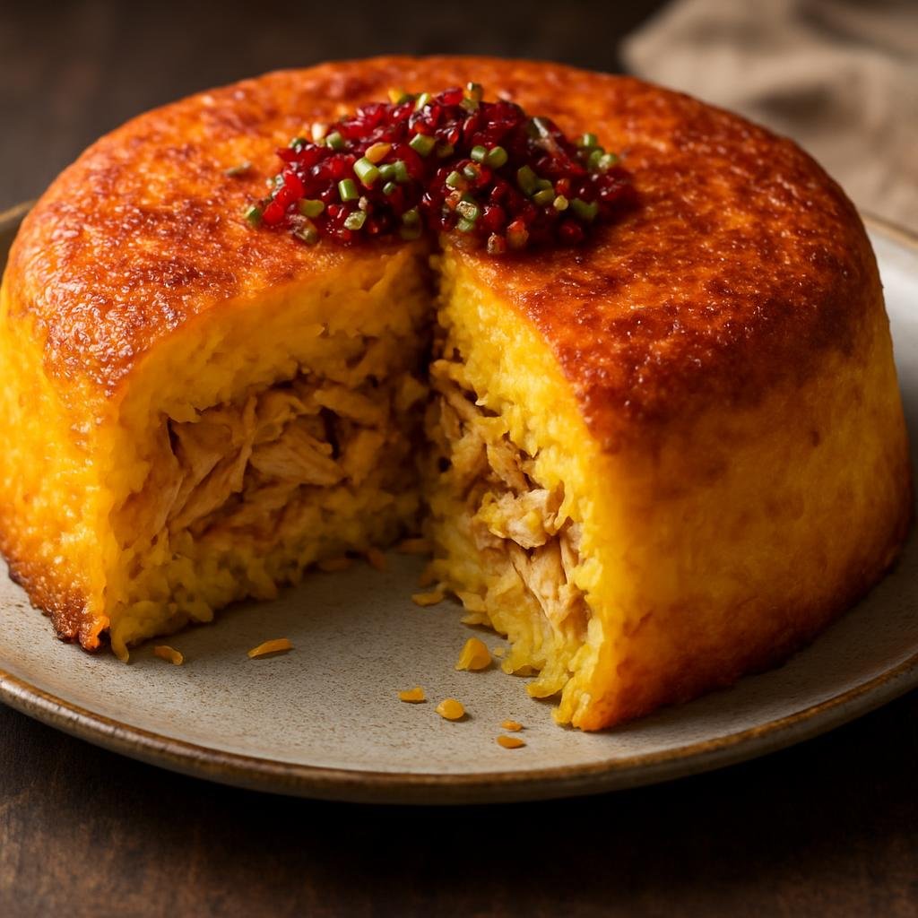 Entree: Iran – Shiraz / Fars – ته‌چین ➤ Tahchin (Baked saffron yogurt rice cake layered with chicken and a crisp golden crust) recipe