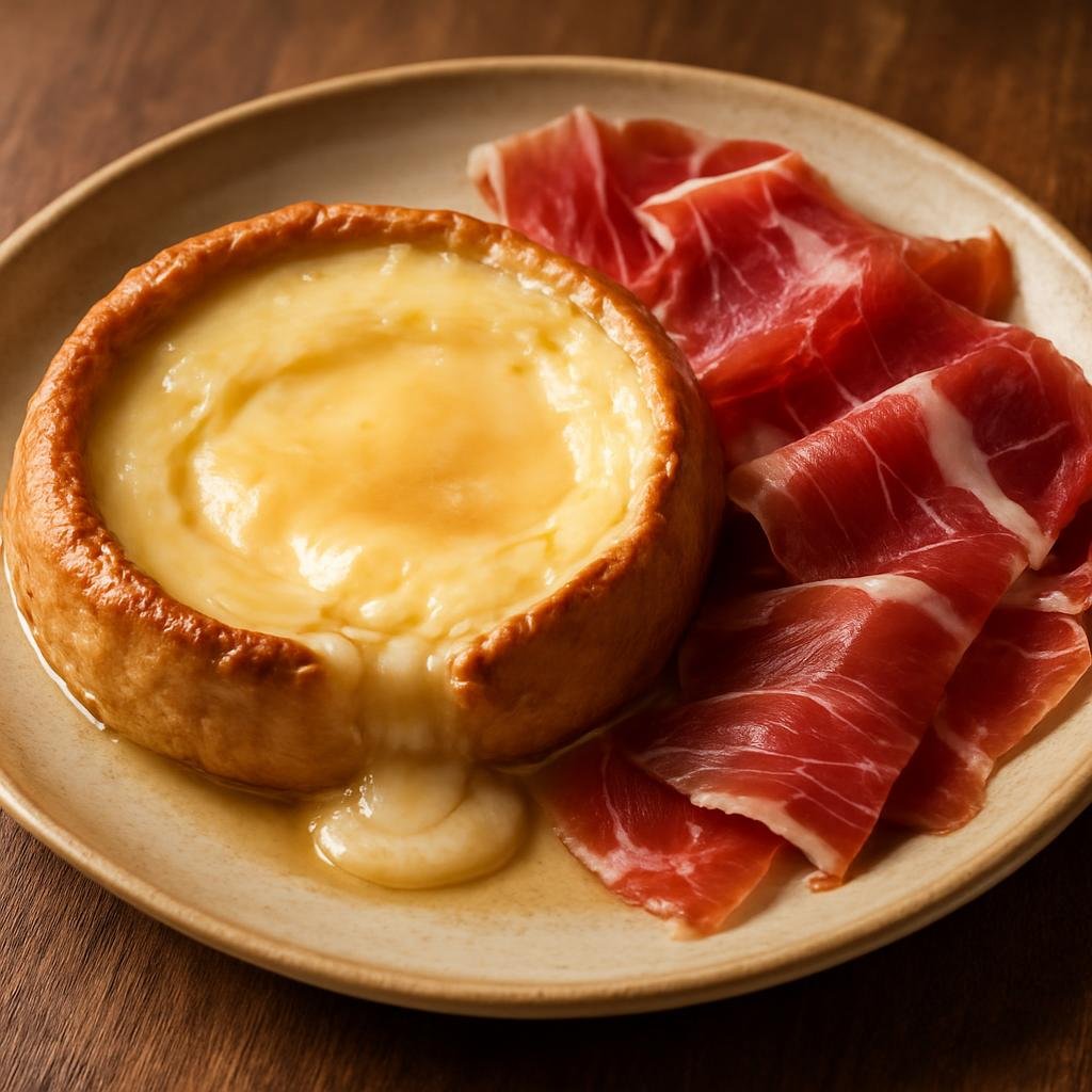 Entree: Spain – Extremadura – Torta del Casar con Jamón (Warm creamy Extremaduran sheep's cheese served with thinly sliced cured ham) recipe
