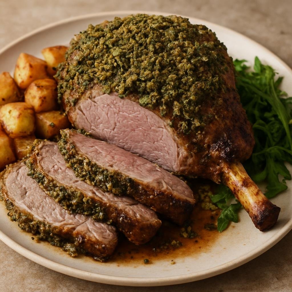 Entree: Australia – Western Australia – Saltbush Lamb (Leg of lamb roasted with a chopped saltbush and herb crust, reflecting Western Australian pastoral flavors) recipe