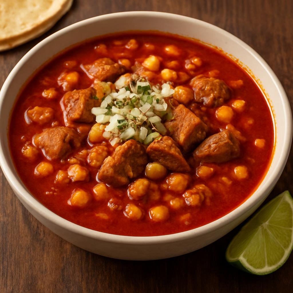 Entree: Mexico – Mexico City – Pozole Rojo (Red hominy stew with pork simmered in a chili-spiced, garlic-onion broth) recipe