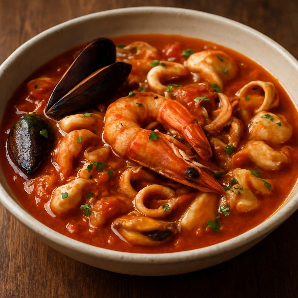 Entree: Italy – Liguria – Buridda (Hearty Ligurian mixed seafood stew cooked in a tomato and wine broth) recipe
