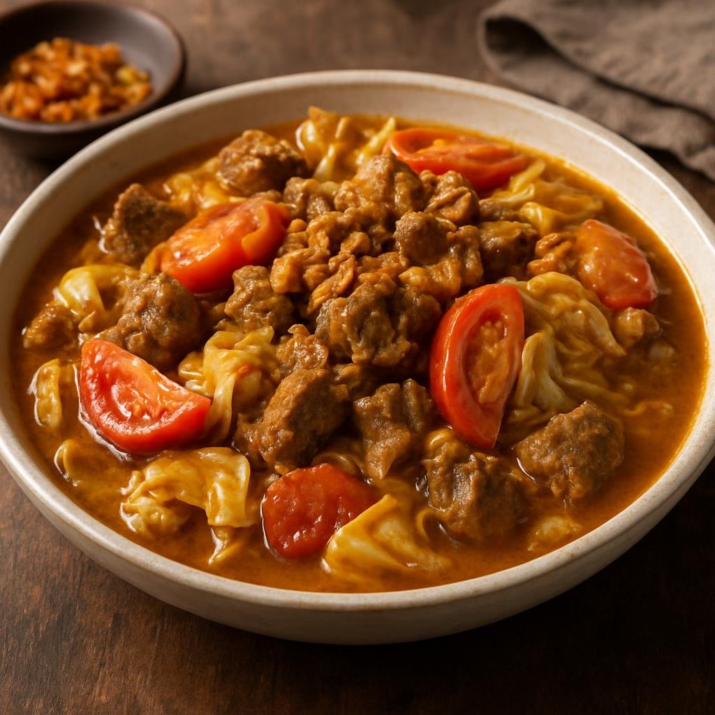 Entree: Indonesia – Indonesian Muslim Festival Cuisine – Tongseng (Sweet-spiced meat stew with cabbage and tomatoes common at Indonesian Muslim festivals) recipe