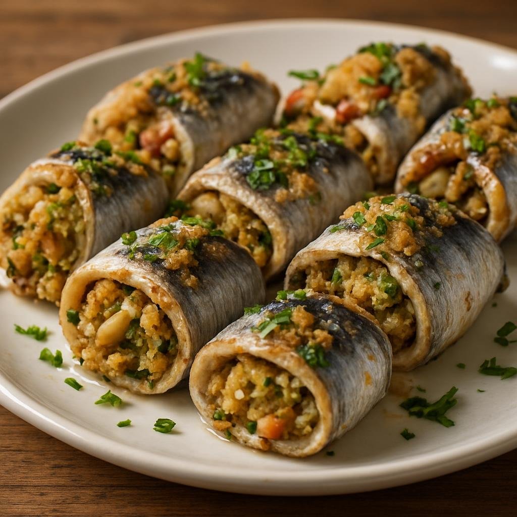 Entree: Italy – Liguria – Acciughe Ripiene (Ligurian-style anchovy fillets stuffed with a lemony breadcrumb, herb, and pine nut filling) recipe