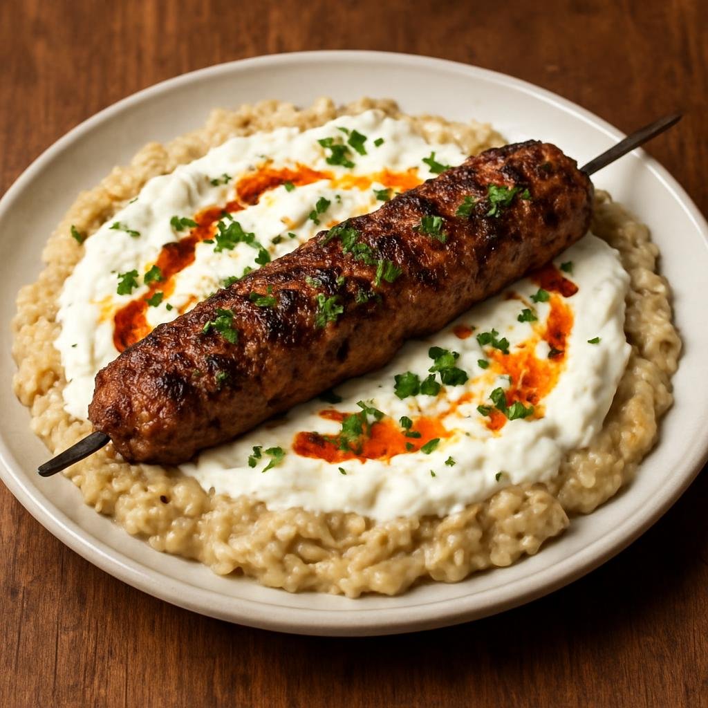 Entree: Turkey – Southeastern Anatolia – Alinazik Kebabı (Charred eggplant and garlicky yogurt purée topped with seasoned grilled lamb kebab) recipe
