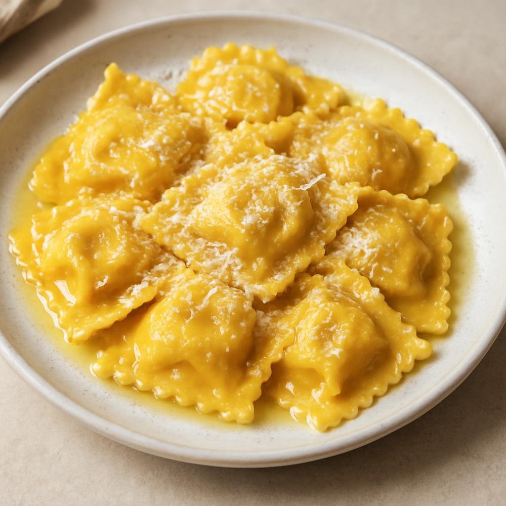Entree: Italy – Lombardy – Tortelli di Zucca (Pumpkin-filled stuffed egg pasta from Lombardy served with butter and cheese) recipe
