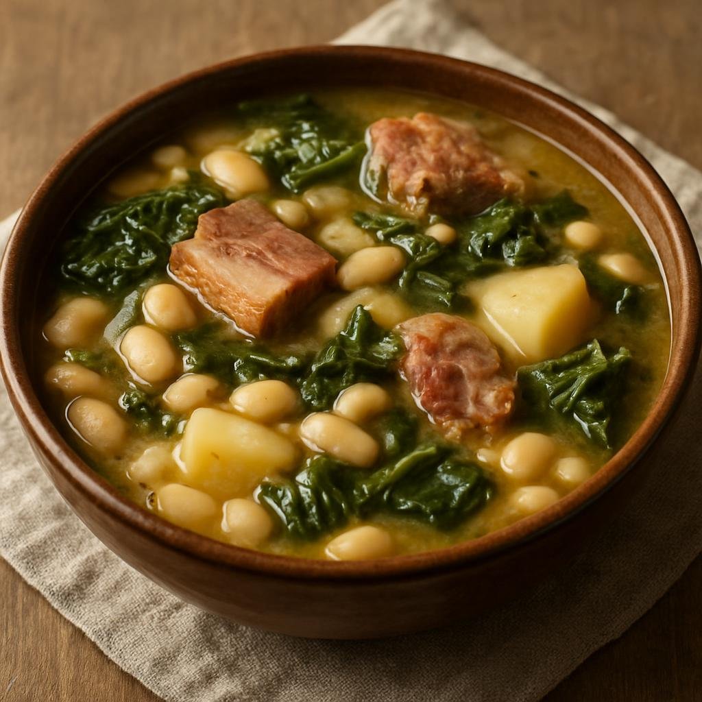 Entree: Spain – Galicia – Caldo Gallego (Hearty Galician soup of white beans, potatoes, greens, and pork) recipe