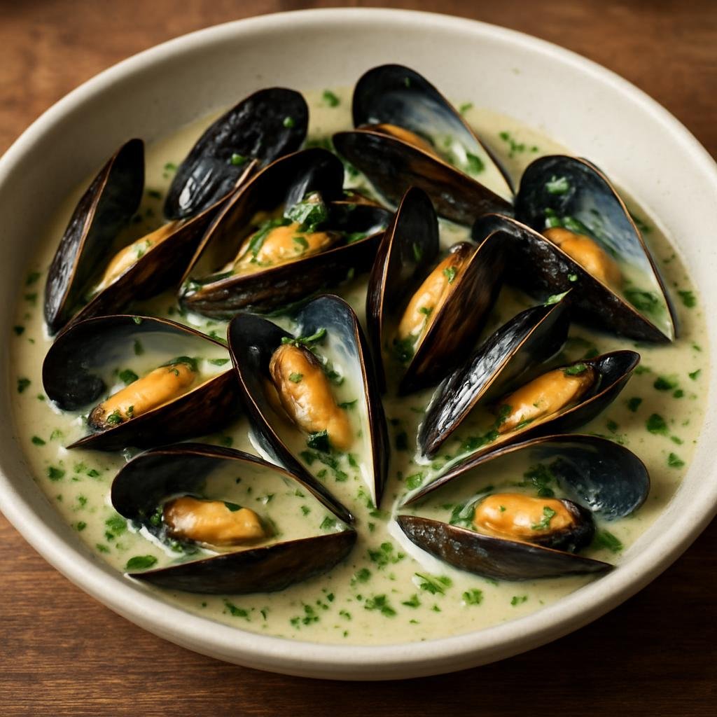 Entree: United Kingdom – Wales – Conwy Mussels (Fresh Conwy mussels steamed in a fragrant wine, herb, and cream broth) recipe