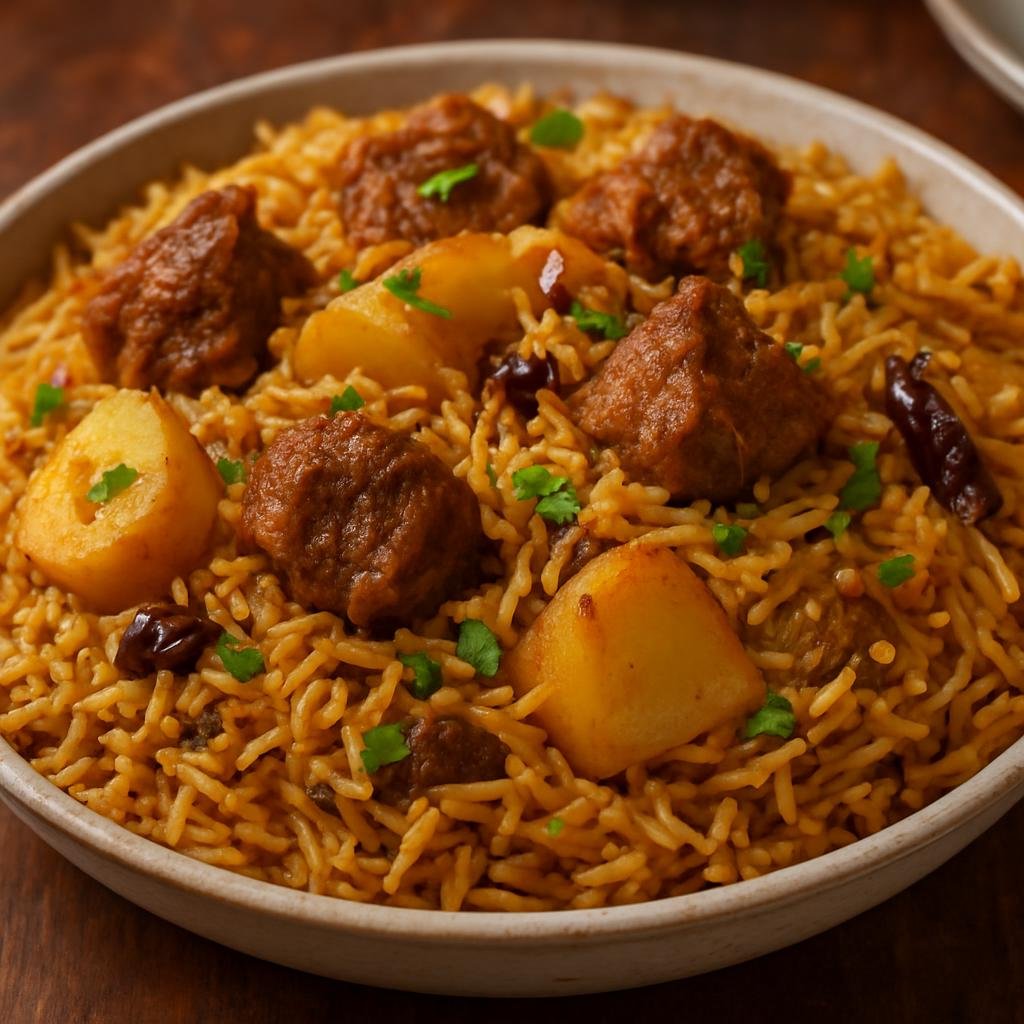 Entree: Pakistan – Sindh – سندھی پلاؤ ➤ Sindhi Pulao (Fragrant Sindhi-style rice pilaf cooked with spiced meat, potatoes, ghee, and aromatics) recipe