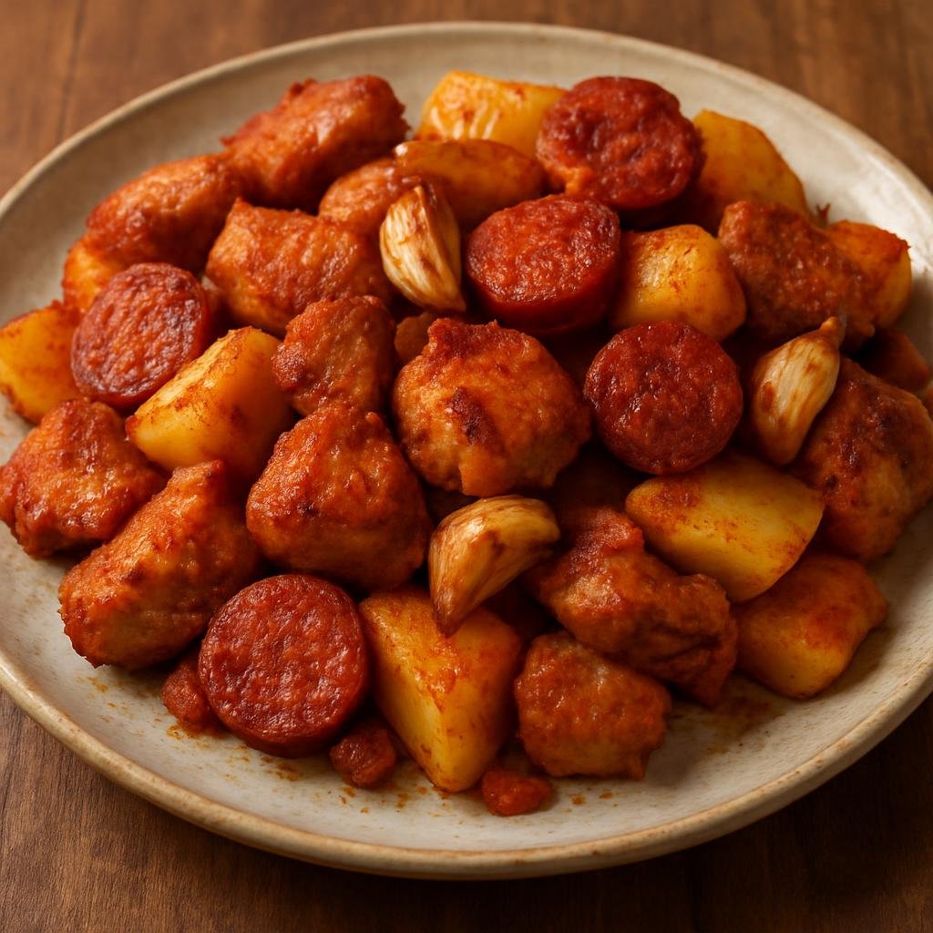 Entree: Spain – Galicia – Raxo (Pan-fried marinated pork with garlic, paprika, chorizo, and potatoes) recipe