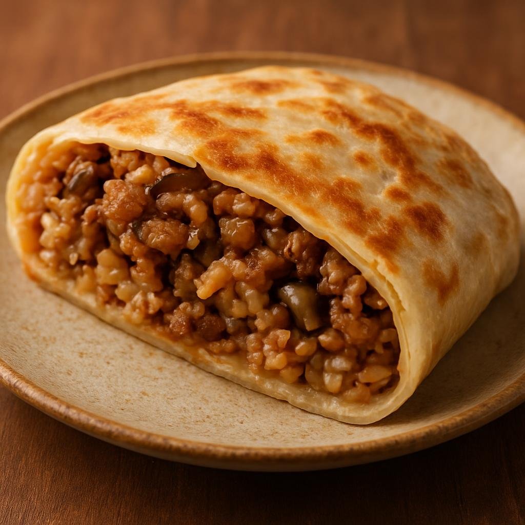Entree: China – Hubei – 豆皮 ➤ Dòupí (Wuhan-style savory rice-and-bean-sheet pancake stuffed with seasoned pork, mushrooms, and sticky rice) recipe