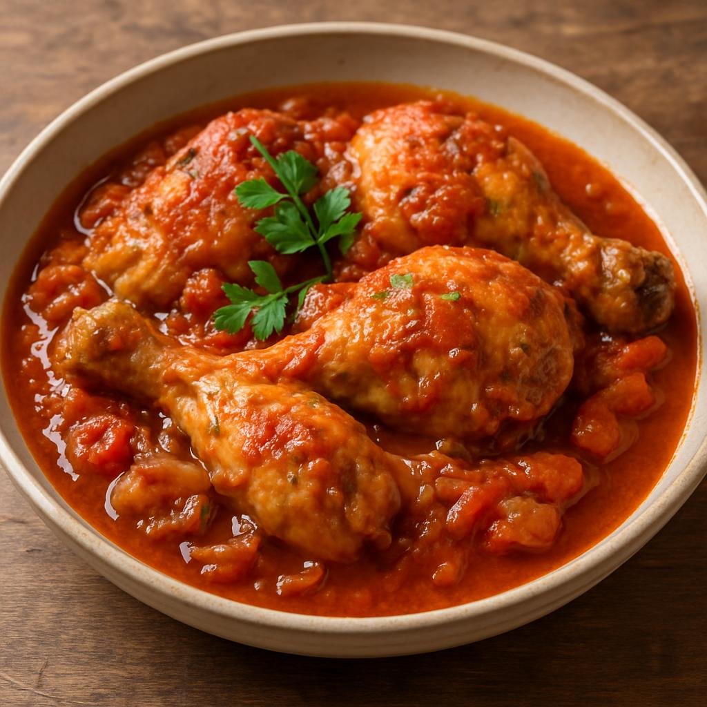 Entree: Italy – Marche – Pollo in Potacchio (Rustic Marche-style braised chicken in a tomato and wine sauce) recipe