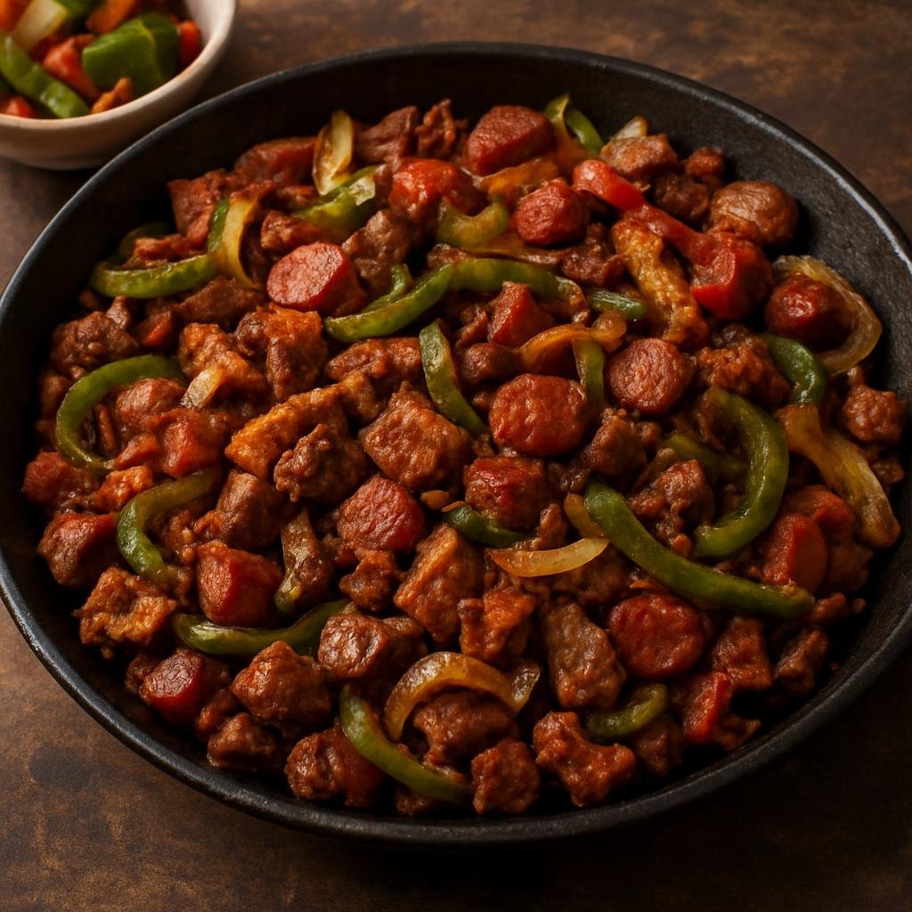 Entree: Mexico – Nuevo Leon / Monterrey – Discada (Northern Mexican mixed-meat skillet cooked on a plow disc with peppers, onions, and spices) recipe