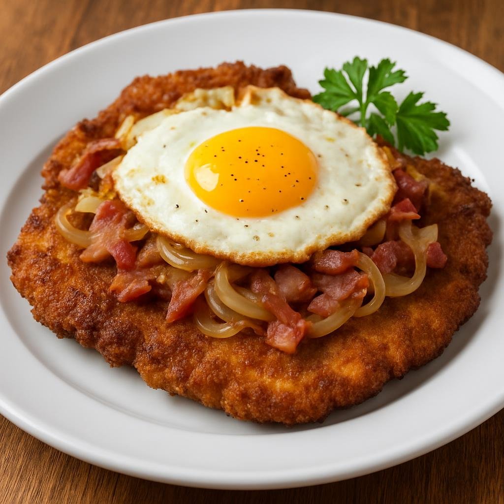 Entree: Germany – Schleswig-Holstein – Holsteiner Schnitzel (Breaded and pan-fried pork cutlet topped with sautéed bacon and onions and a fried egg) recipe